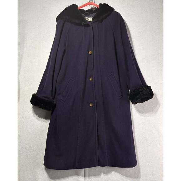 LL Bean Wool Alpaca Hooded Coat Faux Fur Trim Royal Purple Small/Med USA Vintage - Picture 1 of 13